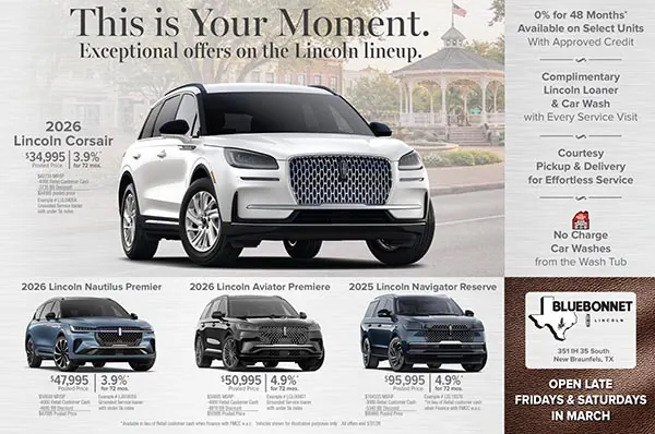 Bluebonnet Lincoln direct mail piece: This Is Your Moment, offers on the 2026 Lincoln lineup